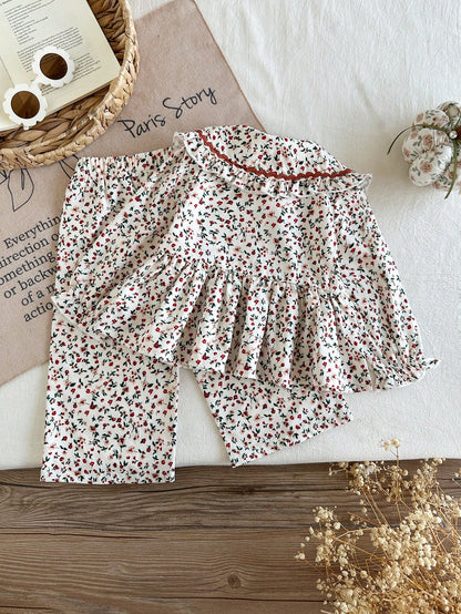 Vintaside Kids Baby Girl Casual College Style Lapel Long-Sleeved Top And Pants Set Suitable For Daily Wear