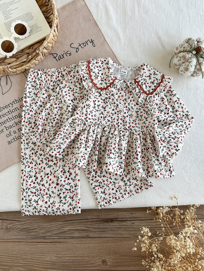 Vintaside Kids Baby Girl Casual College Style Lapel Long-Sleeved Top And Pants Set Suitable For Daily Wear