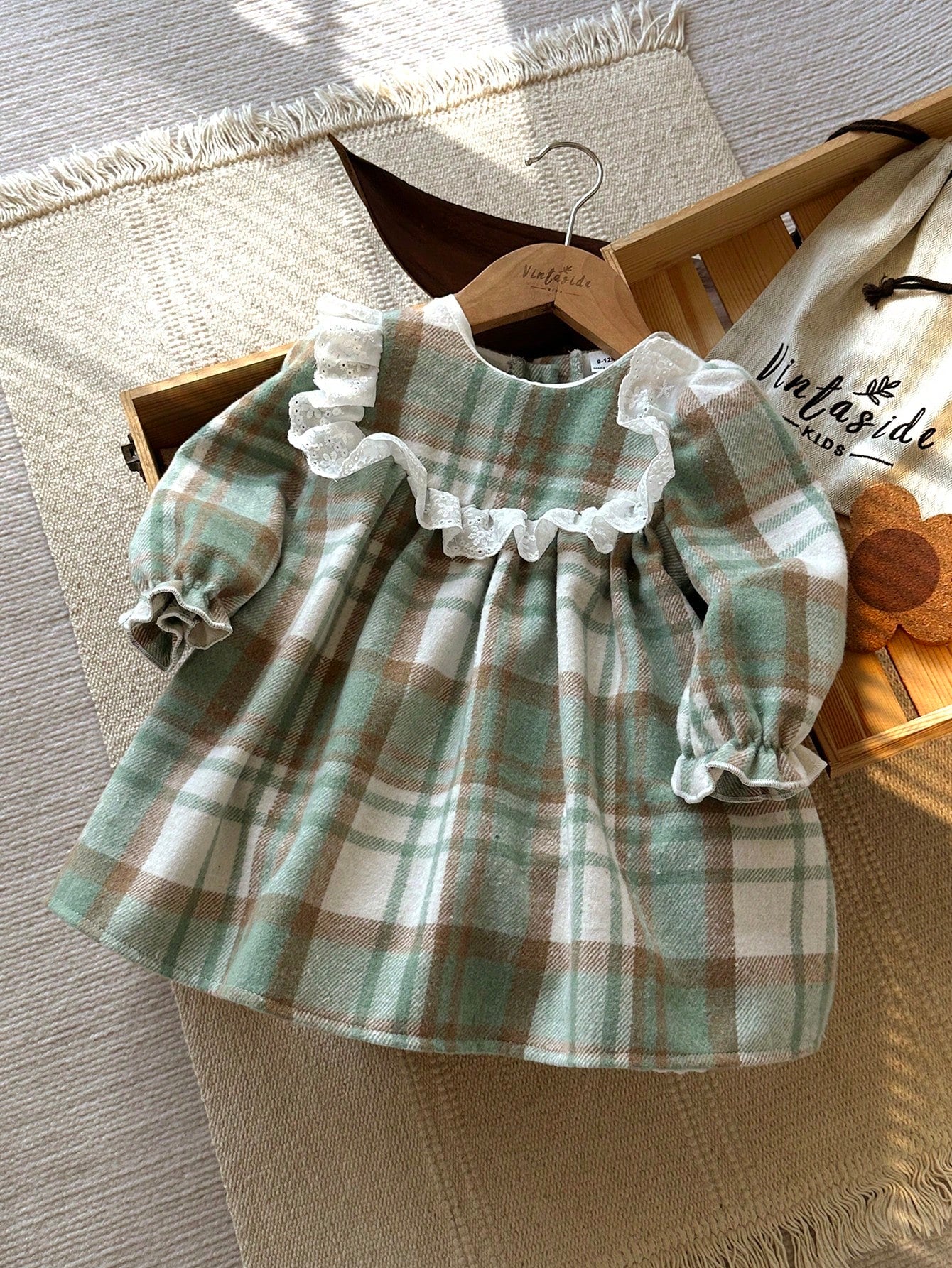 Vintaside Kids Baby Girl Red And White Plaid Woolen Fabric Thickened Soft Dress,Modest Matching Family Outfit For Autumn,Countryside Style,Fashion,Cute,Elegant