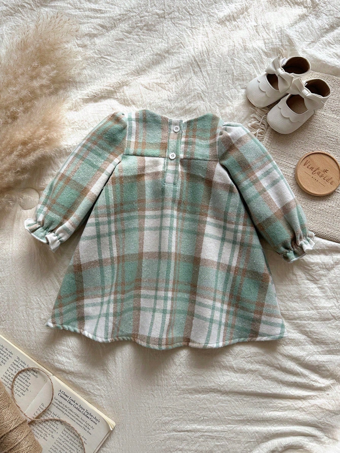 Vintaside Kids Baby Girl Red And White Plaid Woolen Fabric Thickened Soft Dress,Modest Matching Family Outfit For Autumn,Countryside Style,Fashion,Cute,Elegant