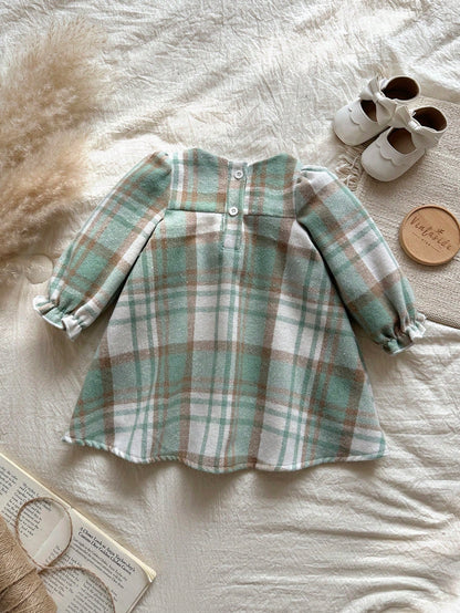 Vintaside Kids Baby Girl Red And White Plaid Woolen Fabric Thickened Soft Dress,Modest Matching Family Outfit For Autumn,Countryside Style,Fashion,Cute,Elegant