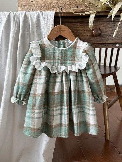 Vintaside Kids Baby Girl Red And White Plaid Woolen Fabric Thickened Soft Dress,Modest Matching Family Outfit For Autumn,Countryside Style,Fashion,Cute,Elegant