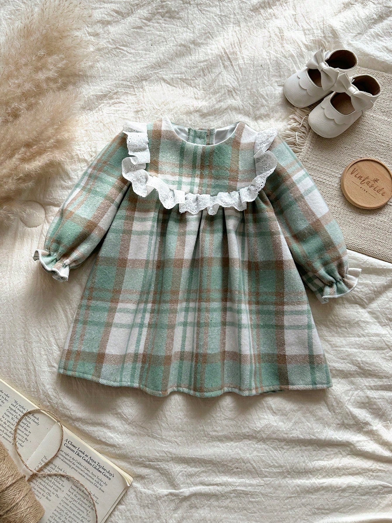 Vintaside Kids Baby Girl Red And White Plaid Woolen Fabric Thickened Soft Dress,Modest Matching Family Outfit For Autumn,Countryside Style,Fashion,Cute,Elegant