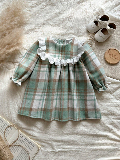 Vintaside Kids Baby Girl Red And White Plaid Woolen Fabric Thickened Soft Dress,Modest Matching Family Outfit For Autumn,Countryside Style,Fashion,Cute,Elegant