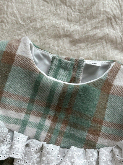 Vintaside Kids Baby Girl Red And White Plaid Woolen Fabric Thickened Soft Dress,Modest Matching Family Outfit For Autumn,Countryside Style,Fashion,Cute,Elegant