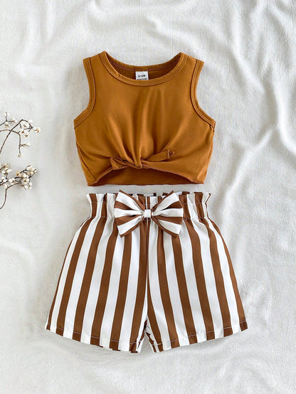 Vintaside Kids Baby Girl Summer Knot Hem Tank Top And Striped Paperbag Waist Belted Shorts Set