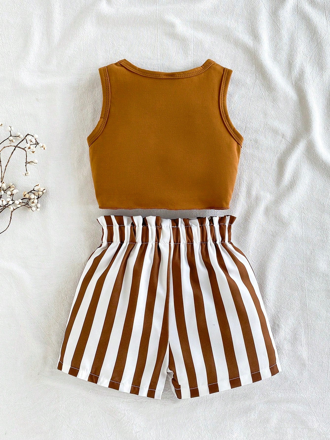 Vintaside Kids Baby Girl Summer Knot Hem Tank Top And Striped Paperbag Waist Belted Shorts Set