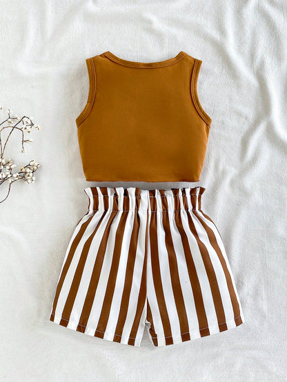 Vintaside Kids Baby Girl Summer Knot Hem Tank Top And Striped Paperbag Waist Belted Shorts Set