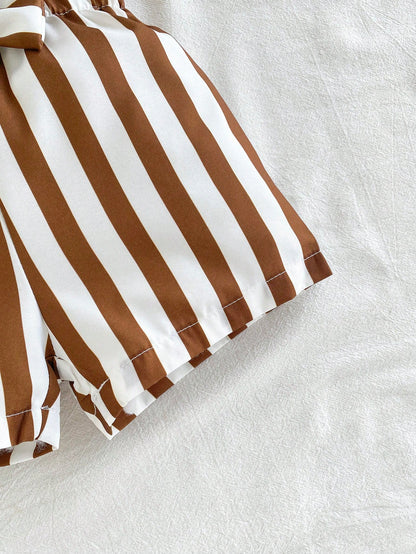 Vintaside Kids Baby Girl Summer Knot Hem Tank Top And Striped Paperbag Waist Belted Shorts Set