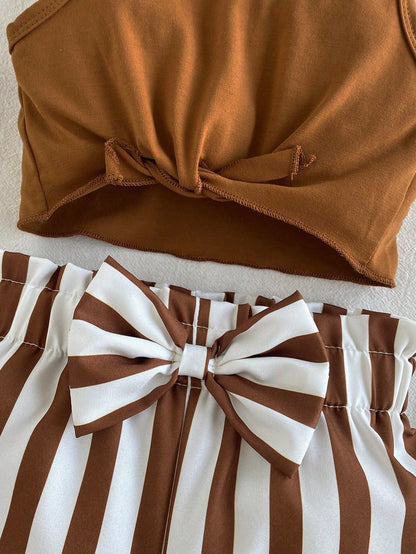 Vintaside Kids Baby Girl Summer Knot Hem Tank Top And Striped Paperbag Waist Belted Shorts Set