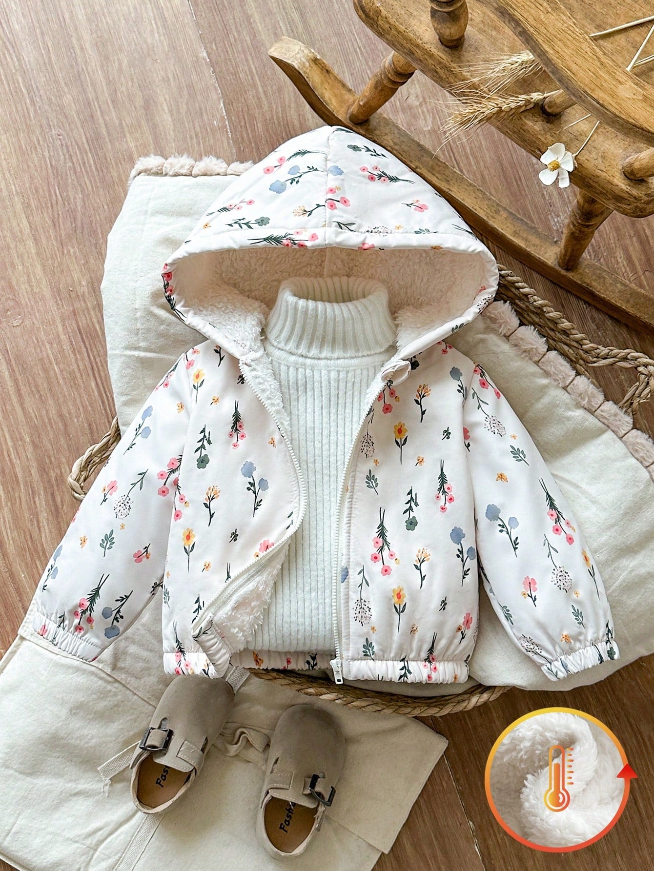 Vintaside Kids Baby Girls Toddlers Autumn/Winter New Daily Casual Cute Floral Pink Flower Warm Jacket Thick Coat Hooded Jacket Hooded Coat Fleece Jacket With Fleece Lining