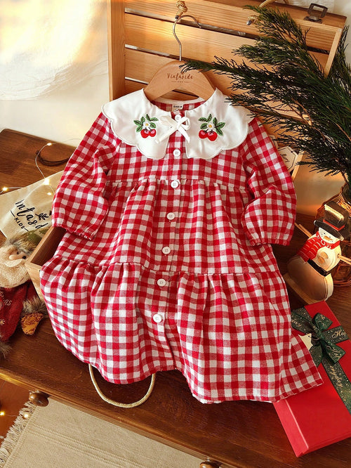 Vintaside Kids Babygirl Toddler Girls'cute Red And White Plaid Autumn Matching Family Dress,Embroidered Lapel Long Sleeve Western Plaid Dress For Birthday Party