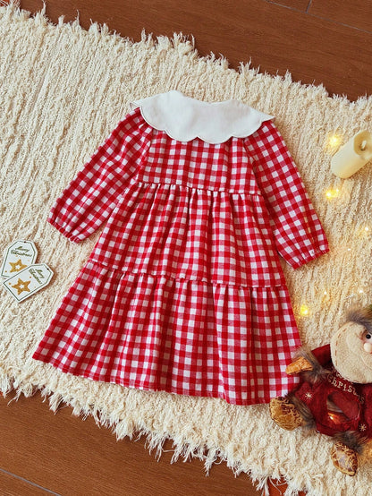 Vintaside Kids Babygirl Toddler Girls'cute Red And White Plaid Autumn Matching Family Dress,Embroidered Lapel Long Sleeve Western Plaid Dress For Birthday Party