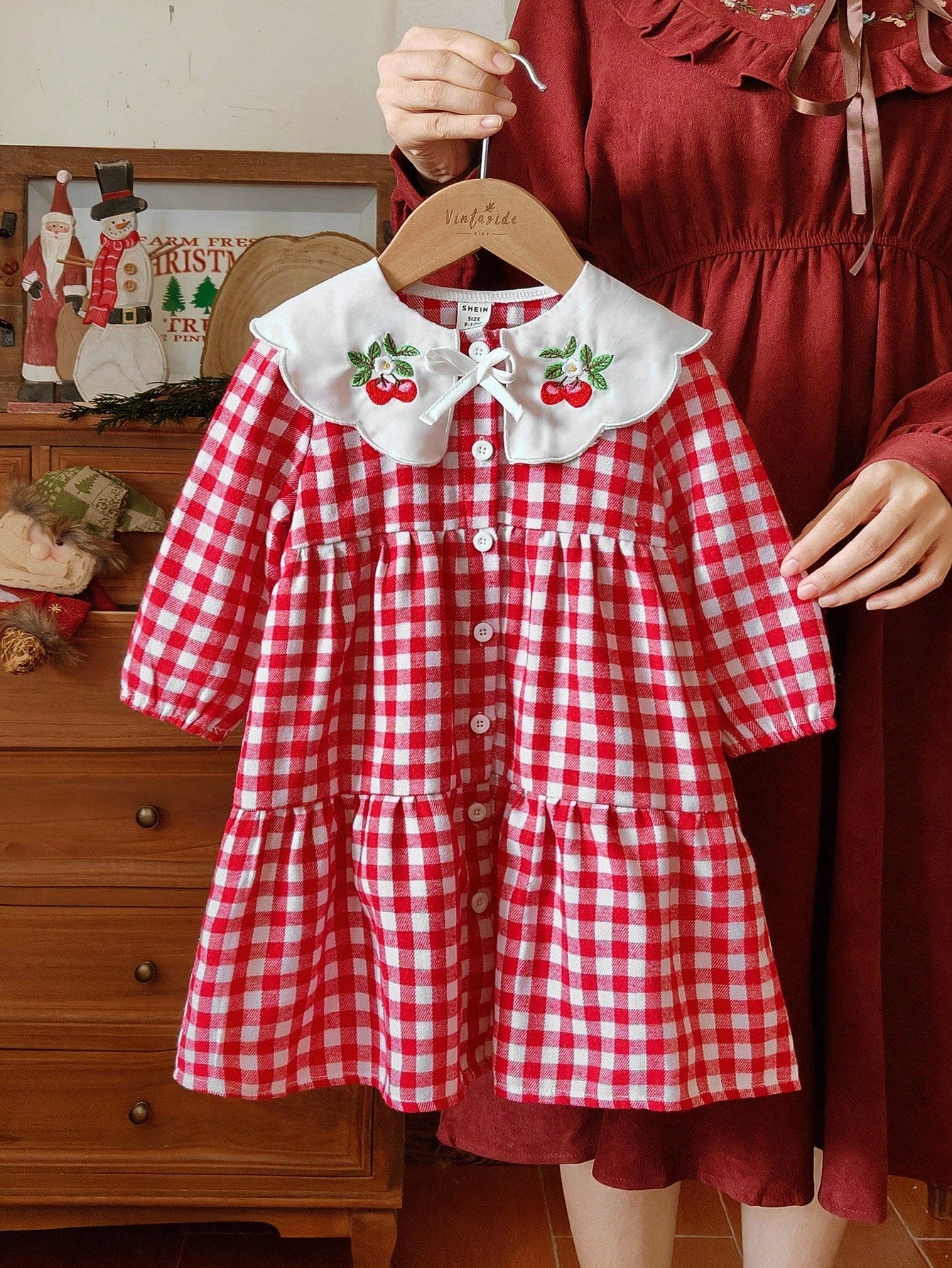 Vintaside Kids Babygirl Toddler Girls'cute Red And White Plaid Autumn Matching Family Dress,Embroidered Lapel Long Sleeve Western Plaid Dress For Birthday Party
