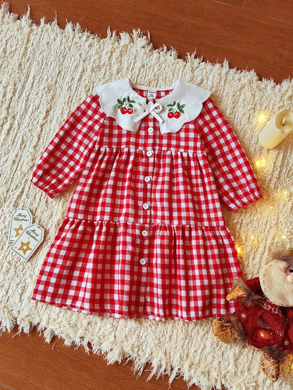 Vintaside Kids Babygirl Toddler Girls'cute Red And White Plaid Autumn Matching Family Dress,Embroidered Lapel Long Sleeve Western Plaid Dress For Birthday Party