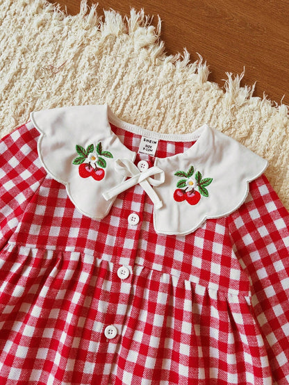Vintaside Kids Babygirl Toddler Girls'cute Red And White Plaid Autumn Matching Family Dress,Embroidered Lapel Long Sleeve Western Plaid Dress For Birthday Party