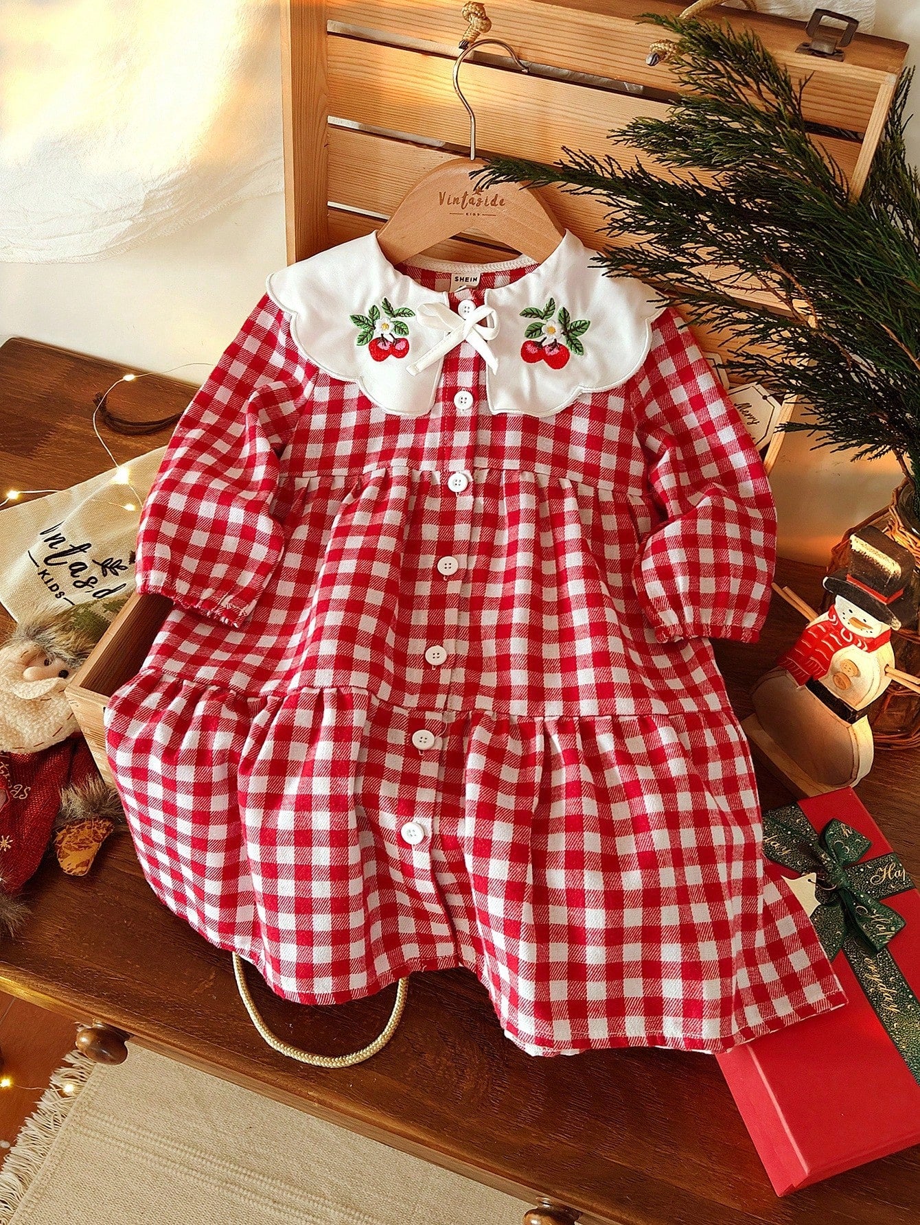 Vintaside Kids Babygirl Toddler Girls'cute Red And White Plaid Autumn Matching Family Dress,Embroidered Lapel Long Sleeve Western Plaid Dress For Birthday Party