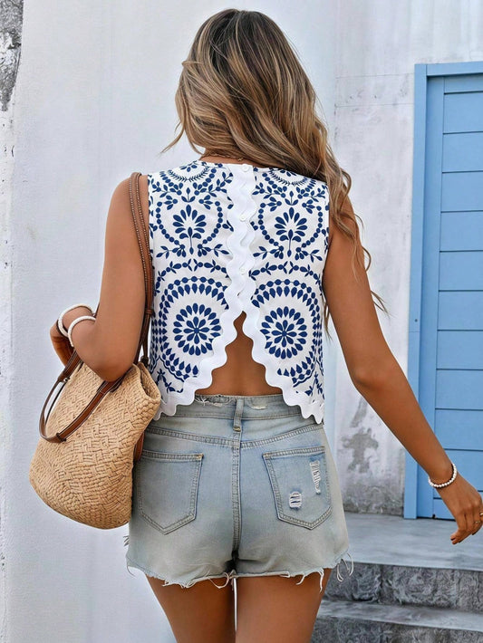 Vivid Eden Women's Blue Floral Print Sleeveless Scalloped Open Back Button Crop Vest Top For Vacation, Casual Beach Outfits For Woman,Vacation Outfits Woman