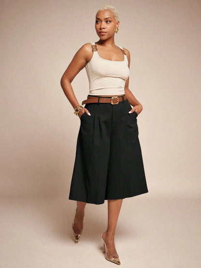 Vixey High Waist Pleated Wide Leg Culotte Pants, Office Wear, Workwear, Desk To Dinner