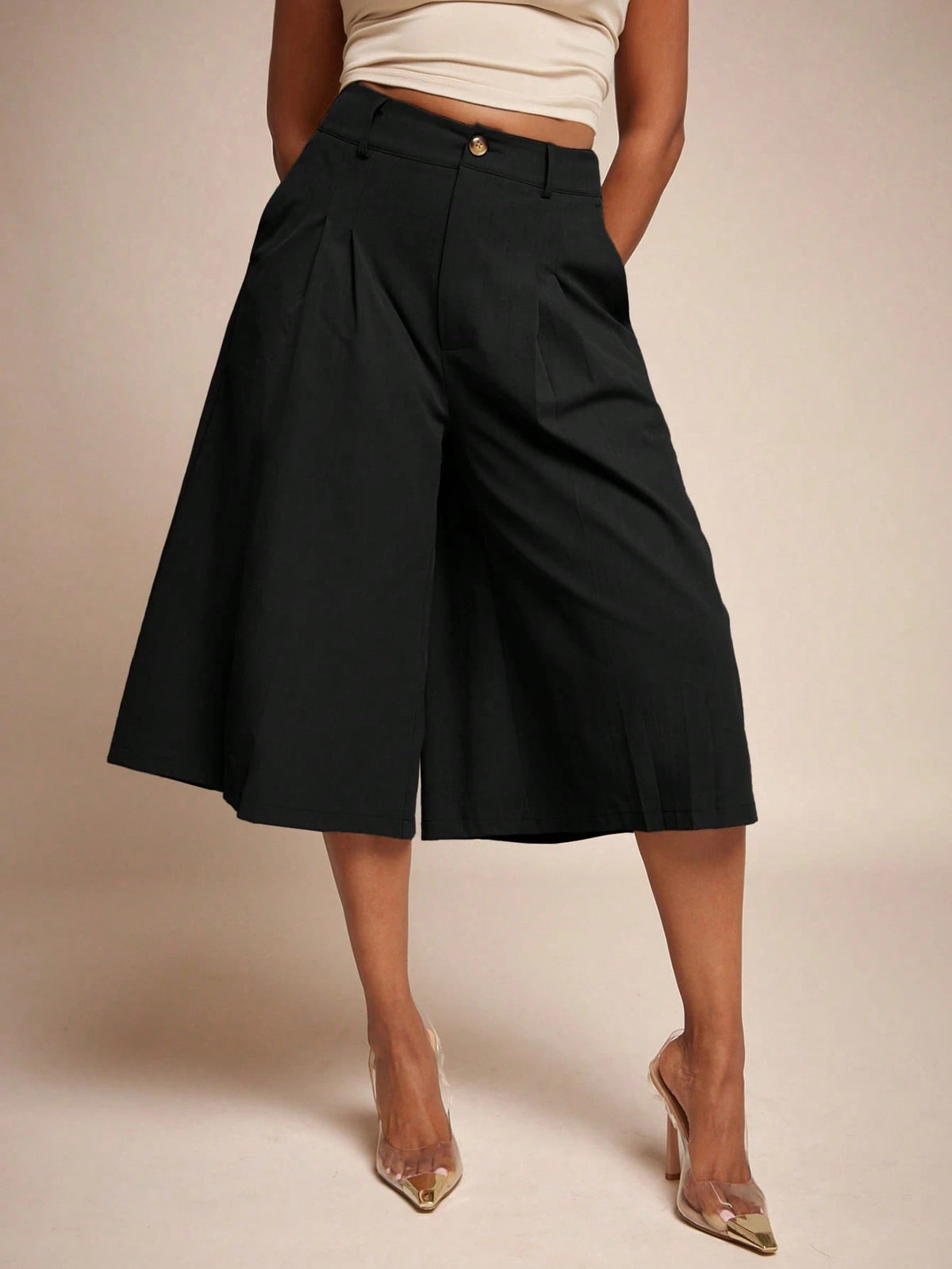 Vixey High Waist Pleated Wide Leg Culotte Pants, Office Wear, Workwear, Desk To Dinner