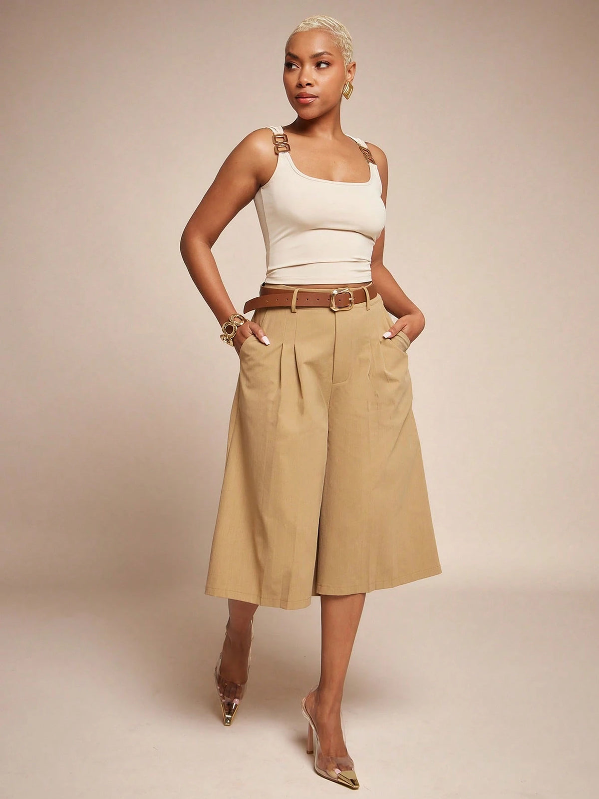 Vixey High Waist Pleated Wide Leg Culotte Pants, Office Wear, Workwear, Desk To Dinner