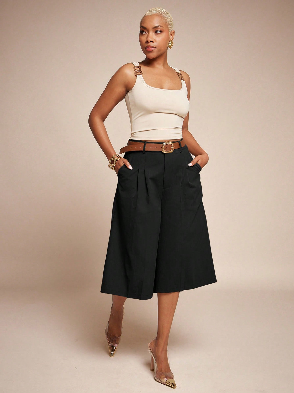 Vixey High Waist Pleated Wide Leg Culotte Pants, Office Wear, Workwear, Desk To Dinner
