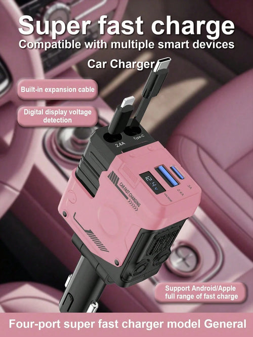 W&O 2025 Automotive Charger With Industrial Design, Ultra-Rapid 120W Vehicle Power Adapter Featuring Auto-Retracting 4-In-1 Multi-Device Cord (Ios/USB-C Compatible). Universal Compatibility For Ios 15