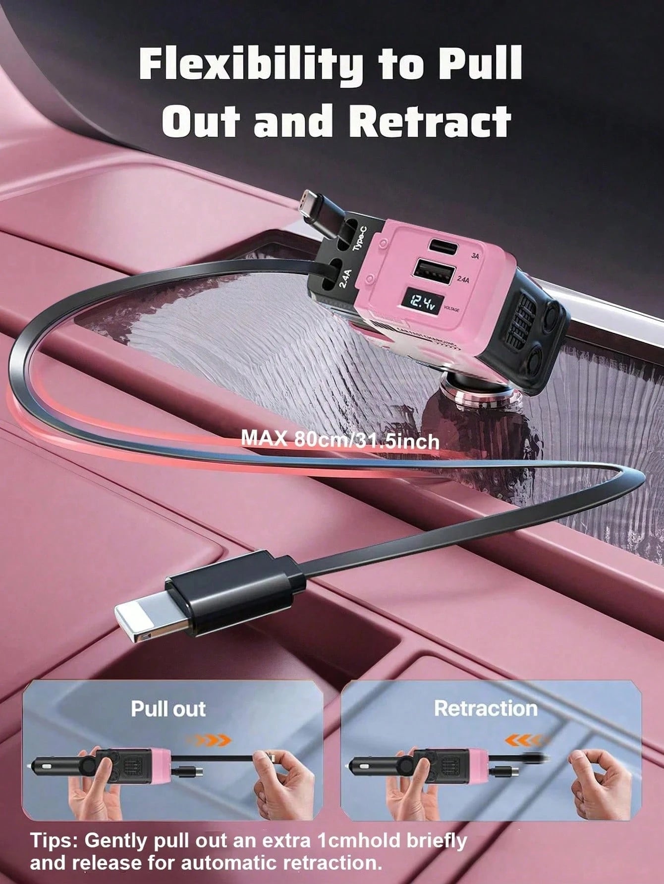 W&O 2025 Automotive Charger With Industrial Design, Ultra-Rapid 120W Vehicle Power Adapter Featuring Auto-Retracting 4-In-1 Multi-Device Cord (Ios/USB-C Compatible). Universal Compatibility For Ios 15