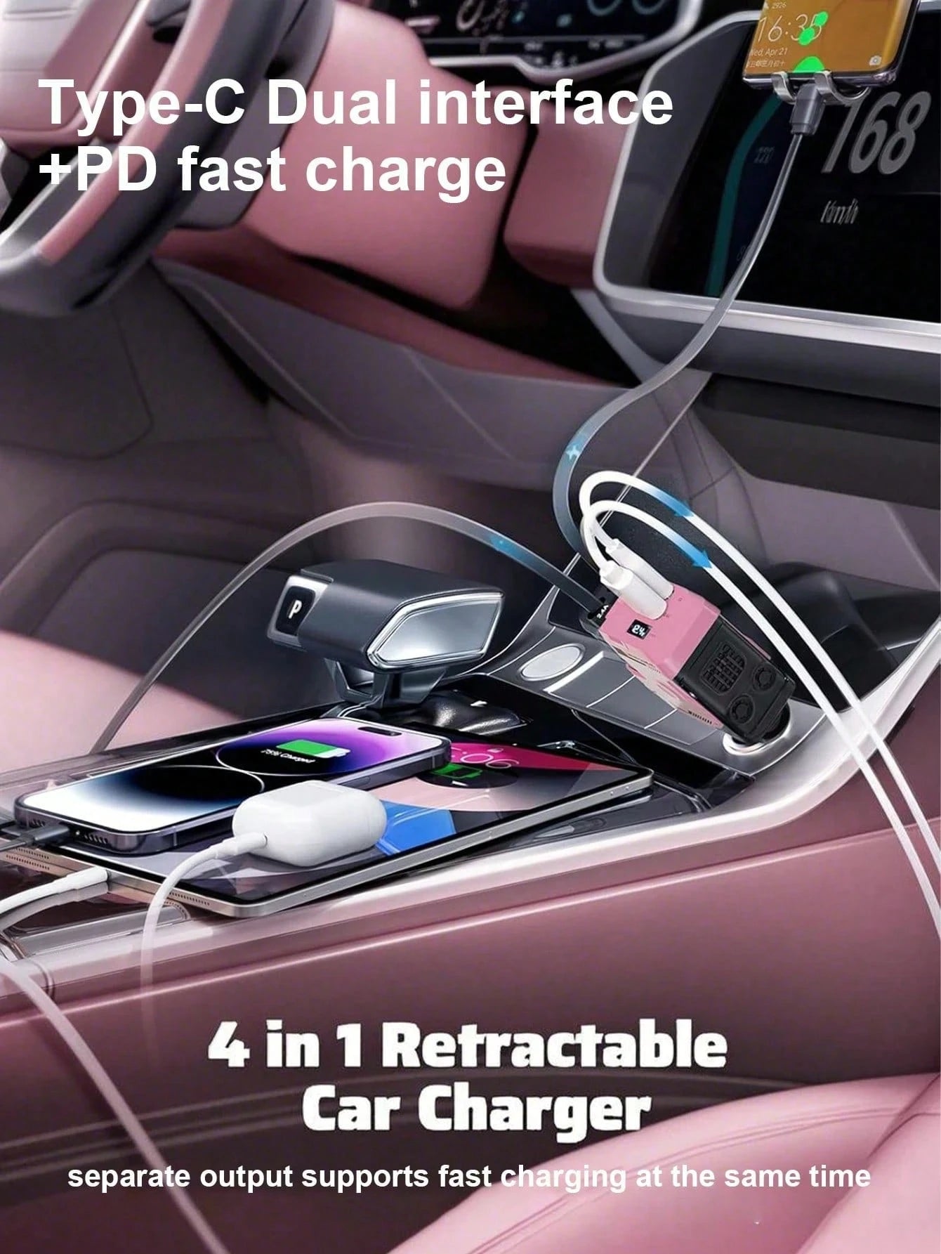 W&O 2025 Automotive Charger With Industrial Design, Ultra-Rapid 120W Vehicle Power Adapter Featuring Auto-Retracting 4-In-1 Multi-Device Cord (Ios/USB-C Compatible). Universal Compatibility For Ios 15
