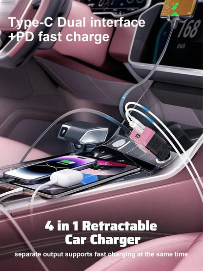 W&O 2025 Automotive Charger With Industrial Design, Ultra-Rapid 120W Vehicle Power Adapter Featuring Auto-Retracting 4-In-1 Multi-Device Cord (Ios/USB-C Compatible). Universal Compatibility For Ios 15