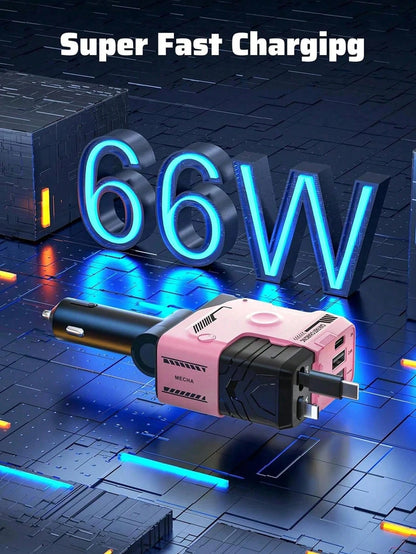 W&O 2025 Automotive Charger With Industrial Design, Ultra-Rapid 120W Vehicle Power Adapter Featuring Auto-Retracting 4-In-1 Multi-Device Cord (Ios/USB-C Compatible). Universal Compatibility For Ios 15