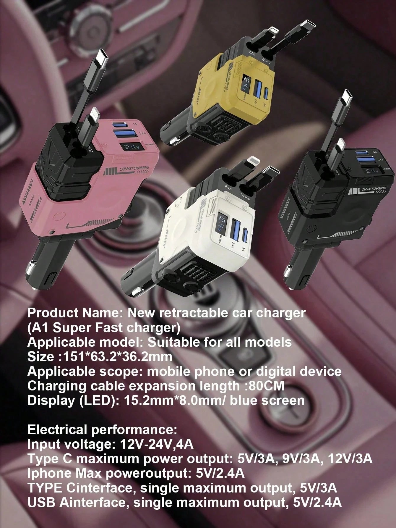 W&O 2025 Automotive Charger With Industrial Design, Ultra-Rapid 120W Vehicle Power Adapter Featuring Auto-Retracting 4-In-1 Multi-Device Cord (Ios/USB-C Compatible). Universal Compatibility For Ios 15