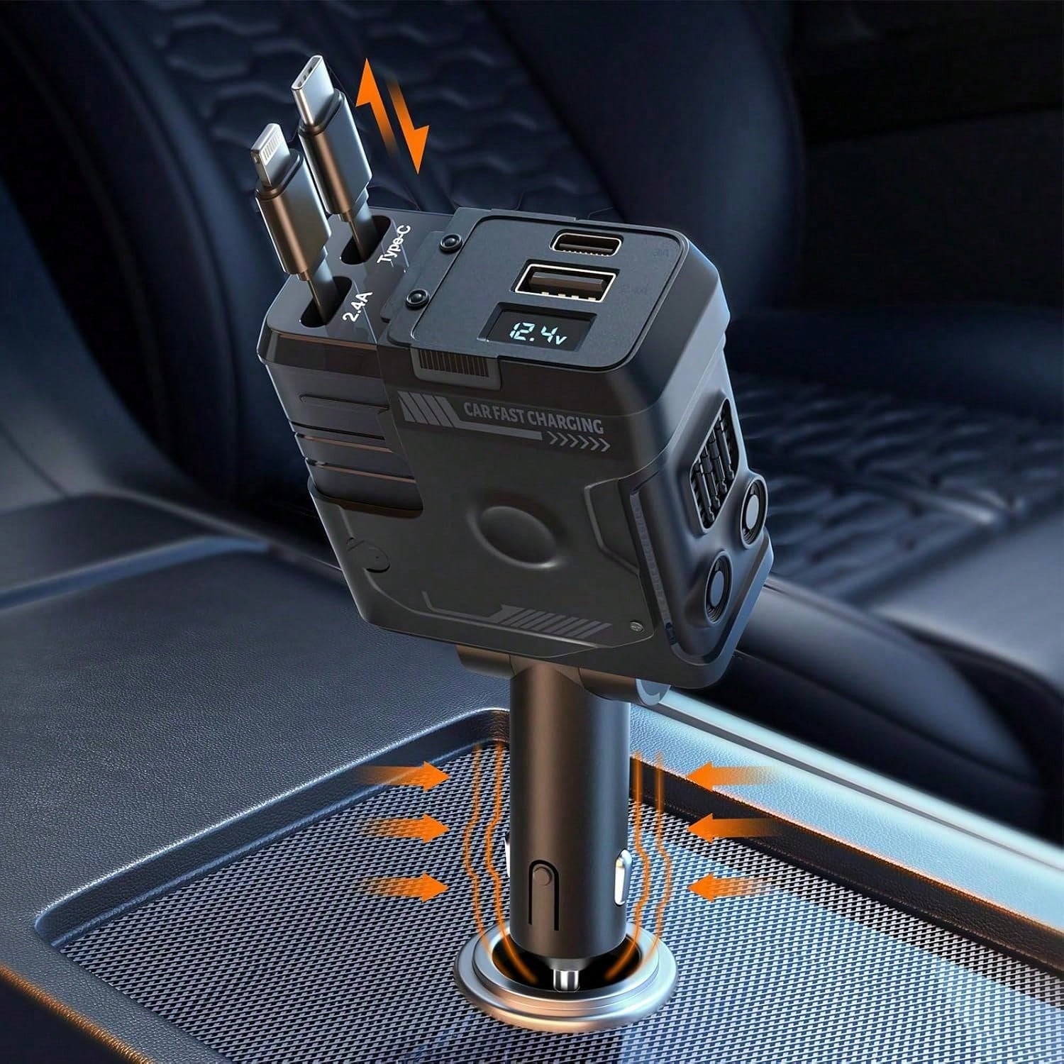 W&O 2025 Automotive Charger With Industrial Design, Ultra-Rapid 120W Vehicle Power Adapter Featuring Auto-Retracting 4-In-1 Multi-Device Cord (Ios/USB-C Compatible). Universal Compatibility For Ios 15