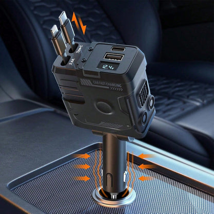 W&O 2025 Automotive Charger With Industrial Design, Ultra-Rapid 120W Vehicle Power Adapter Featuring Auto-Retracting 4-In-1 Multi-Device Cord (Ios/USB-C Compatible). Universal Compatibility For Ios 15