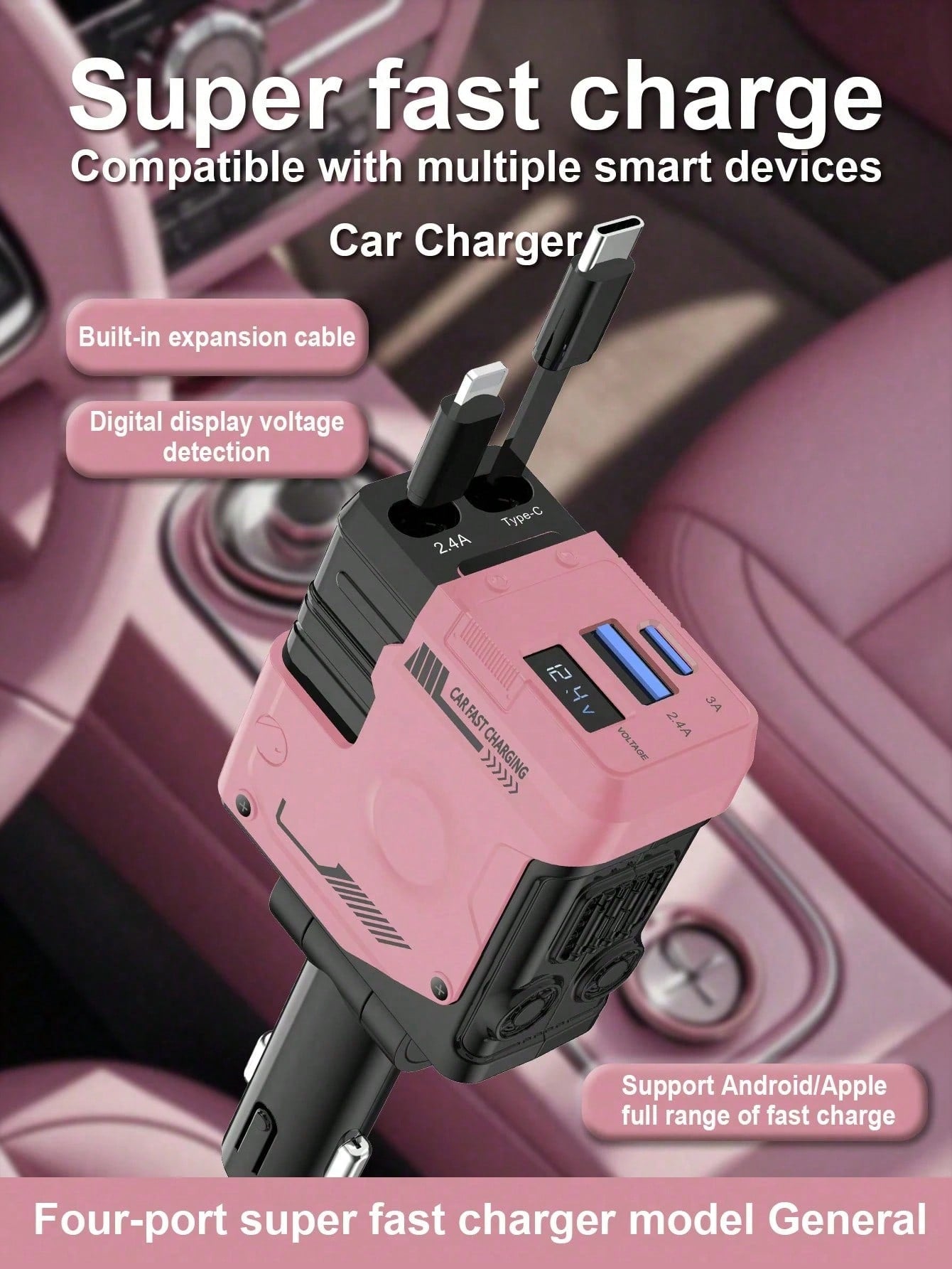 W&O 2025 Automotive Charger With Industrial Design, Ultra-Rapid 120W Vehicle Power Adapter Featuring Auto-Retracting 4-In-1 Multi-Device Cord (Ios/USB-C Compatible). Universal Compatibility For Ios 15