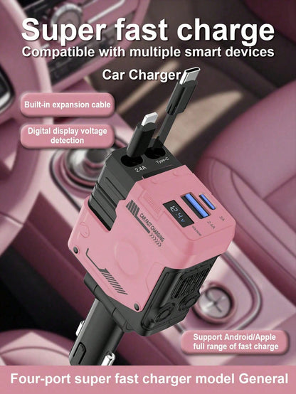 W&O 2025 Automotive Charger With Industrial Design, Ultra-Rapid 120W Vehicle Power Adapter Featuring Auto-Retracting 4-In-1 Multi-Device Cord (Ios/USB-C Compatible). Universal Compatibility For Ios 15