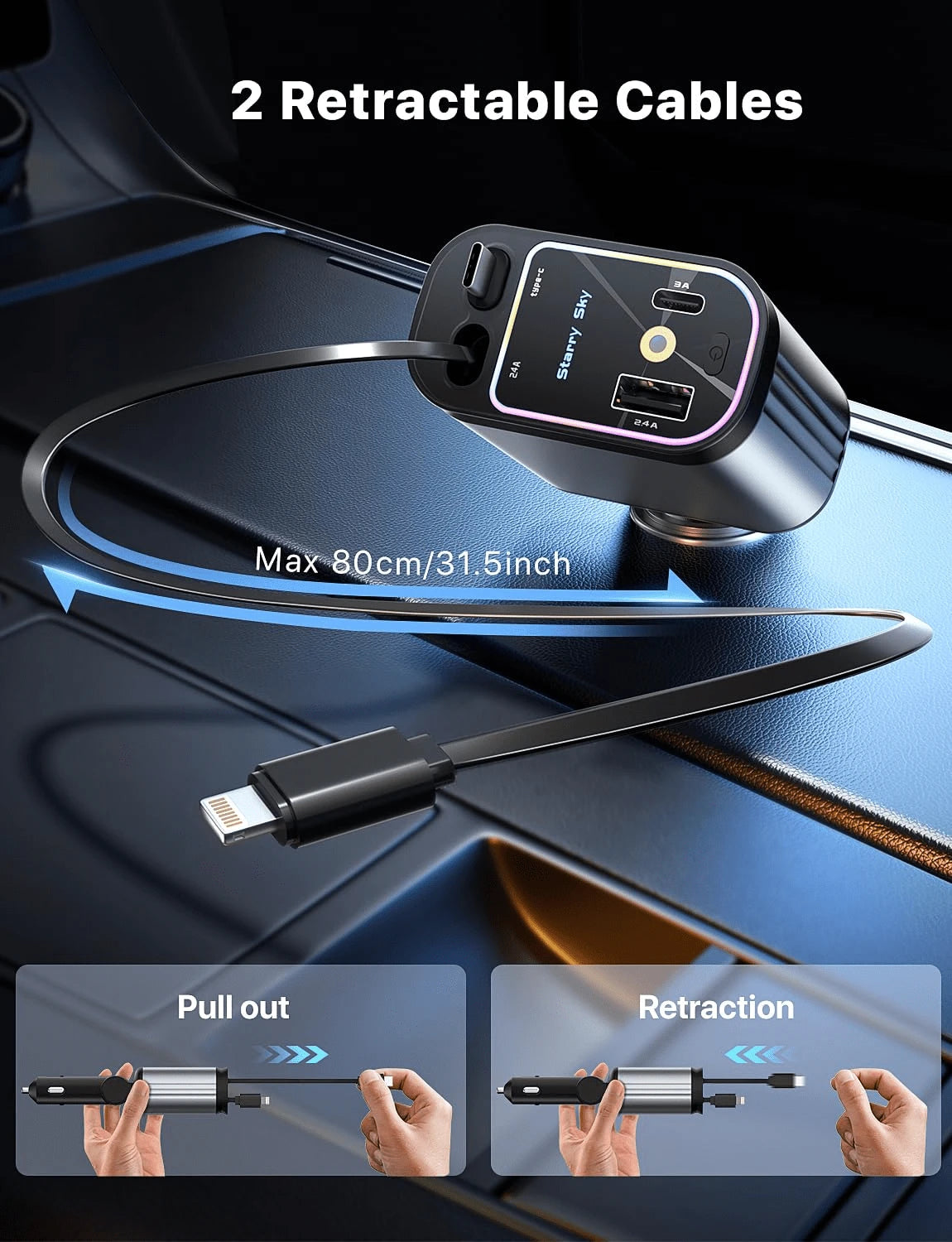 W&O Starlight Retractable Car Charger With Retractable Cord, Starlight Rooftop 4-In-1 Super Fast Car Phone Charger, 2 USB Ports Starlight Adapter, Compatible With IPhone 17 16 15 14 13 12