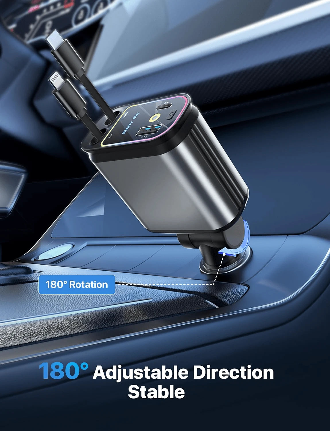 W&O Starlight Retractable Car Charger With Retractable Cord, Starlight Rooftop 4-In-1 Super Fast Car Phone Charger, 2 USB Ports Starlight Adapter, Compatible With IPhone 17 16 15 14 13 12
