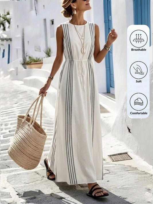 Wandoria Women's Apricot Base Gray Stripe Digital Print Round Neck Sleeveless Cinched Ruched-Up Ruched A-Line Elegant Casual Vacation Fashion Long Dress