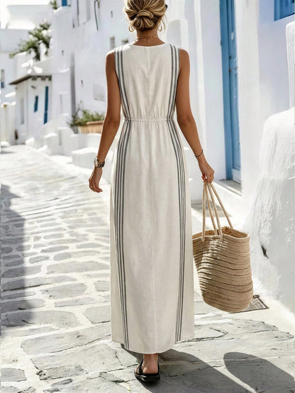 Wandoria Women's Apricot Base Gray Stripe Digital Print Round Neck Sleeveless Cinched Ruched-Up Ruched A-Line Elegant Casual Vacation Fashion Long Dress