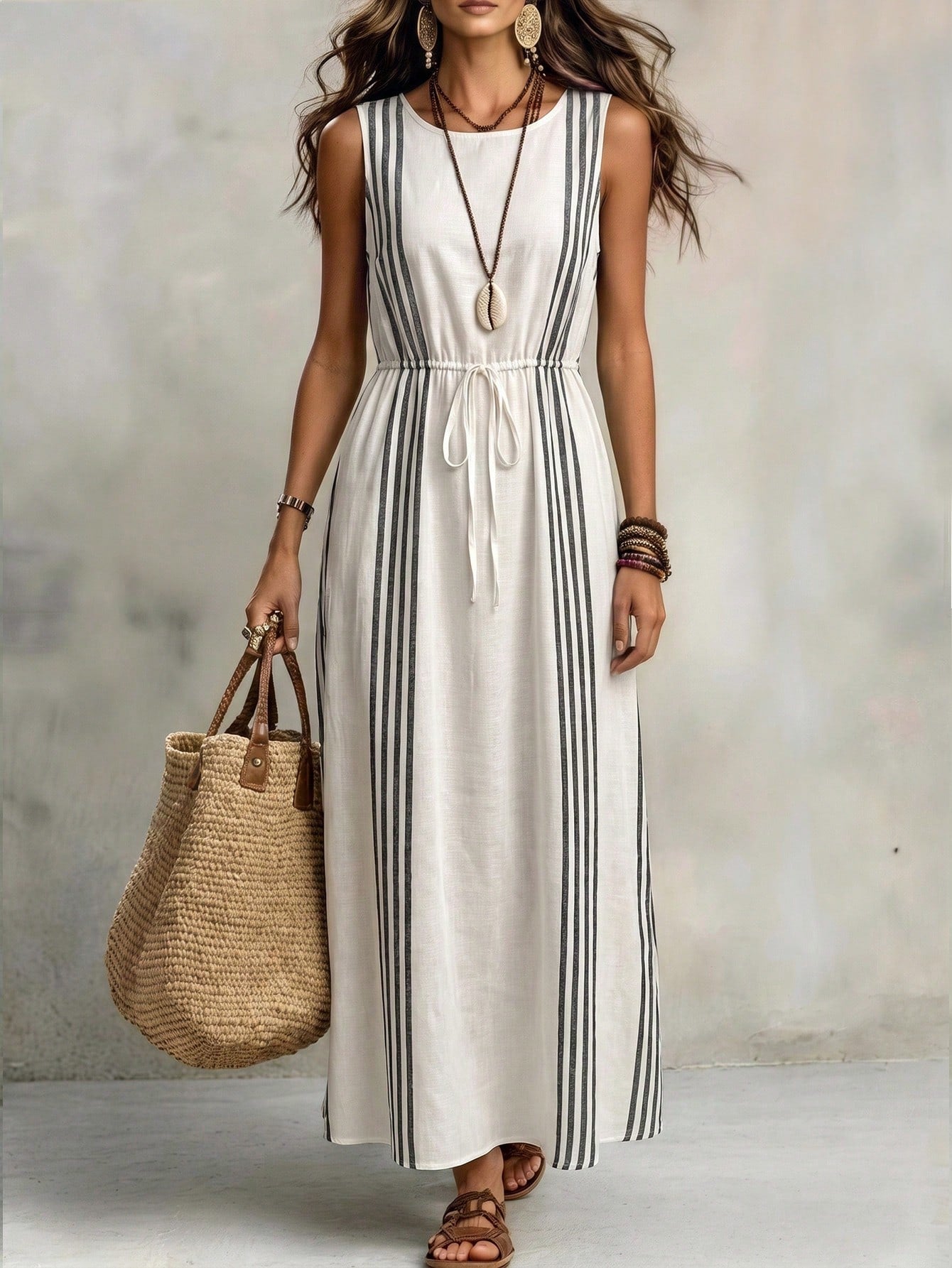 Wandoria Women's Apricot Base Gray Stripe Digital Print Round Neck Sleeveless Cinched Ruched-Up Ruched A-Line Elegant Casual Vacation Fashion Long Dress