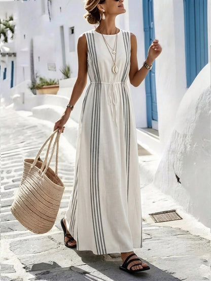 Wandoria Women's Apricot Base Gray Stripe Digital Print Round Neck Sleeveless Cinched Ruched-Up Ruched A-Line Elegant Casual Vacation Fashion Long Dress