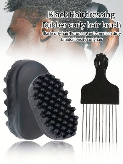 WANMEI 2Pcs Curly Hair Styling Tool Set, Silicone Twist Sponge Hair Brush, Metal Afro Hair Pick Comb, Soft Rubber Twist Sponge For Dreadlocks Braids Afro Coily Thick Curly Hair Daily Salon Hairstyle M