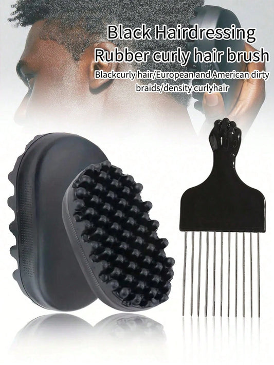 WANMEI 2Pcs Curly Hair Styling Tool Set, Silicone Twist Sponge Hair Brush, Metal Afro Hair Pick Comb, Soft Rubber Twist Sponge For Dreadlocks Braids Afro Coily Thick Curly Hair Daily Salon Hairstyle M