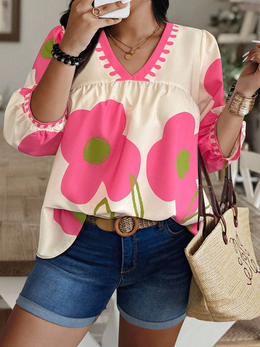 Weeklong Plus Size Women Floral Print V-Neck Lantern Sleeve Loose Casual Vacation Blouse, Spring/Summer/Autumn Fall Chic