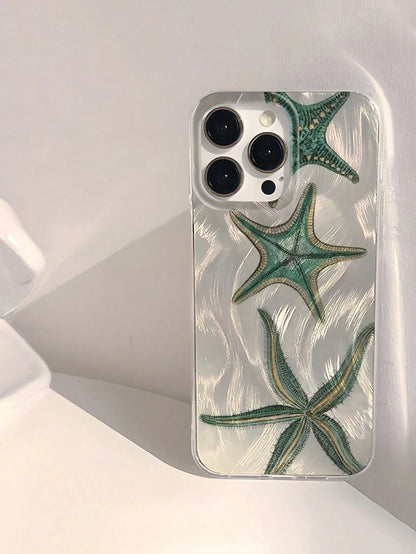 WeiMi Shockproof Ocean Elements Fashion Phone Case Green Starfish Pearlescent 1 Pc Shiny Waterproof Shockproof Anti-Slip Soft Phone Case Compatible With Iphone 16/16 Pro/16 Pro Max/16 Plus Anti-Fall S