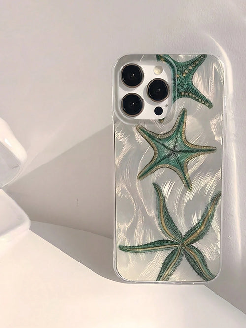 WeiMi Shockproof Ocean Elements Fashion Phone Case Green Starfish Pearlescent 1 Pc Shiny Waterproof Shockproof Anti-Slip Soft Phone Case Compatible With Iphone 16/16 Pro/16 Pro Max/16 Plus Anti-Fall S