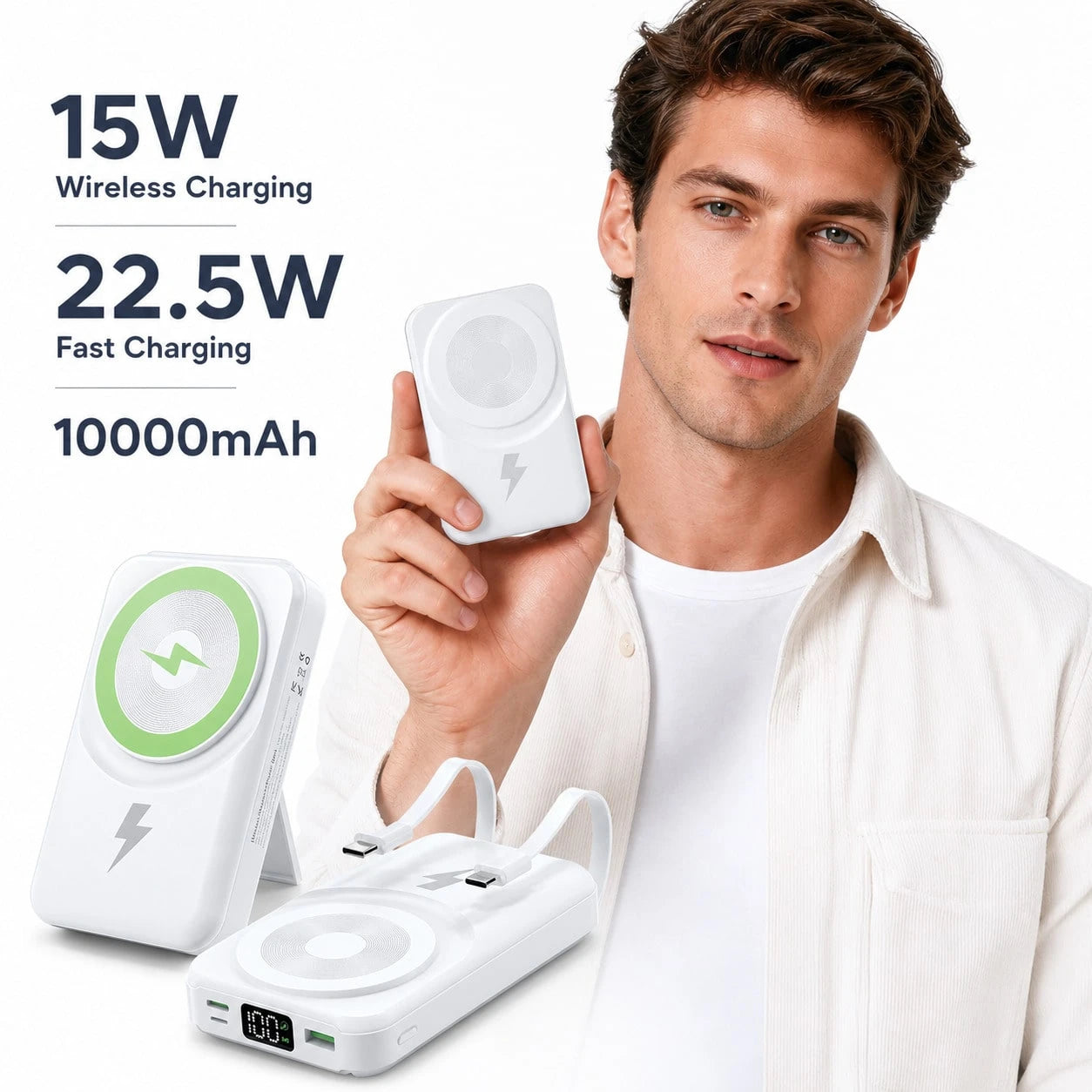White 10000mAh Magnetic Portable Battery With 15W Wireless And 22.5W Fast Charge Output, With Clear LED Power Level Readout, Circular Green Pad And Rear Stand For Upright Viewing, Made For IPhone 16 T