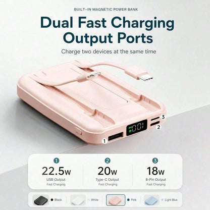 White 10000mAh Magnetic Power Bank With 15W Wireless And 22.5W Fast Charge Support, Featuring A Digital Battery Level Display, White Rectangular Body And Practical Kickstand, Suited To Magnetic-Ready