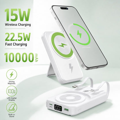 White 10000mAh Magnetic Power Bank With 15W Wireless And 22.5W Fast Charge Support, Featuring A Digital Battery Level Display, White Rectangular Body And Practical Kickstand, Suited To Magnetic-Ready